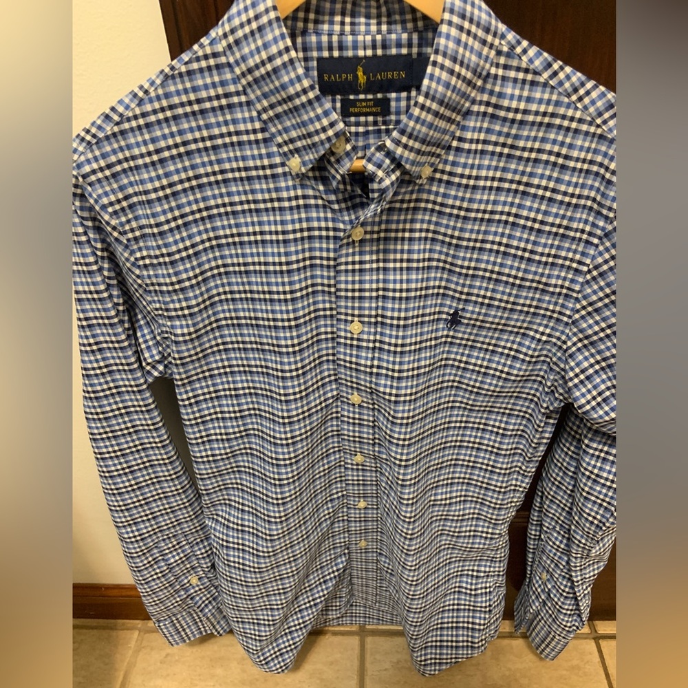 Navy and blue Checkered Polo Dress Shirt.